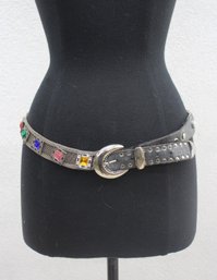 Vintage Mexican Silver Mesh Belt With Colorful Glass Stones  Hallmarked  Western Buckle Detail