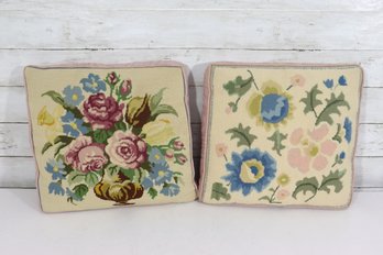 Pair Of Floral Needlepoint Pillows  Pink Velvet Backs  13' X 14' Decorative Cushions