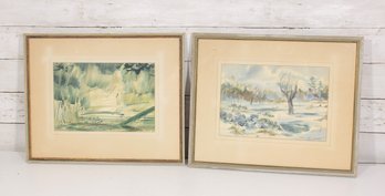 Pair Of Signed Watercolor Landscape Paintings  Winter & Woodland Scenes  Framed  13' X 16'