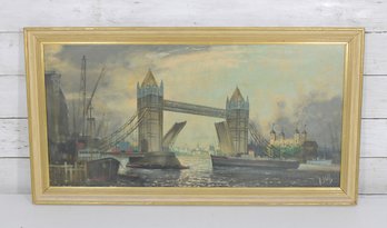 H. Moss Signed London Tower Bridge Painting  River Thames Cityscape  Framed  14' X 26'