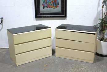 Pair Of Maurice Villency 3-Drawer Dressers With Black Glass Tops  29'H X 35.5'W X 19.5'D (Fair Condition)