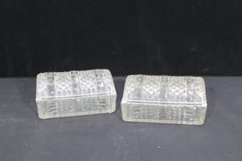 Pair Vintage Pressed Glass Trinket Boxes  Hinged Dome Lids  Diamond Pattern  5.5' Wide