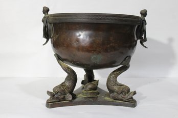 Antique Bronze Decorative Bowl With Dolphin Feet And Mermaid Handles