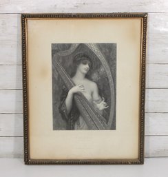 Antique Classical Lady With Harp Engraving  Victorian Style Portrait Print  Framed  20.5' X 16.5'