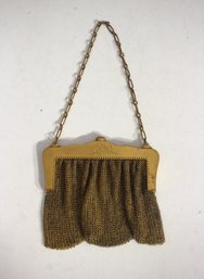 Antique German Gilt Mesh Purse  Marked Mandalian Style  Scalloped Frame & Amethyst Clasp