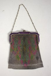 Antique Mandalian Enamel Frame Mesh Purse  Painted Floral Pattern  Art Deco Era