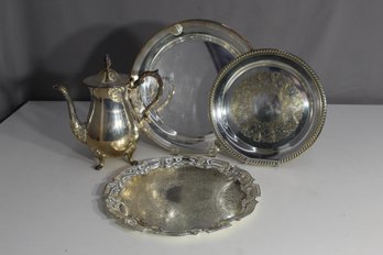 Mixed Lot Of Silver-Plated Items  Tea Pot And Serving Trays