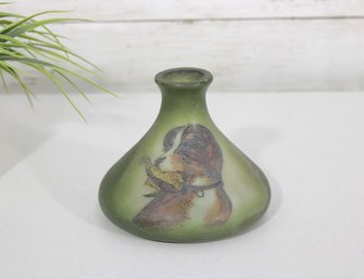 Vintage Frosted Art Glass Vase With Dog Portrait  Green Satin Glass  4.5'