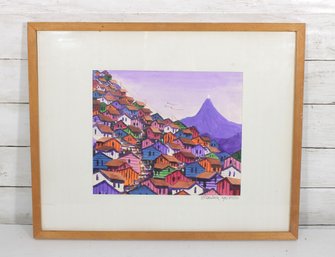 Framed Signed Colorful Village Landscape Print  Rio De Janeiro Favela Scene  16.5' X 20.5'