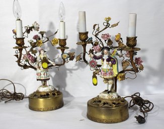 Pair Of Vintage French  Porcelain Figurine Candelabra Lamps With Floral Design