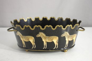 Signed Tennille Hand-Painted Metal Zebra Planter  Decorative Oval Footed Bowl