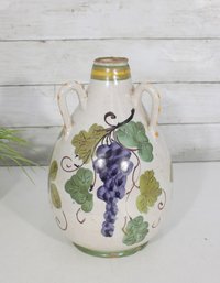 Italian Majolica Ceramic Olive Oil / Limoncello Bottle  Hand Painted Grapes & Lemons  10.5' Tall