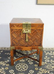 Exquisite Vintage Bamboo Parquetry Locking Box On Stand With Brass Hardware