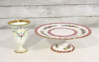 Royal Crown Derby Floral Pedestal Cake Stand & Matching Vase  Pink & Gold English Porcelain