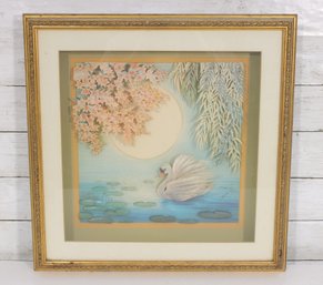 Signed L. Weroal 3D Swan Art Print  Framed Moonlit Water Scene  18.5' X 18.5'