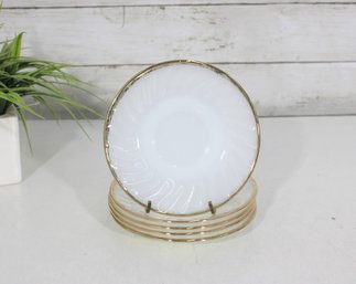 Set Of 5 Vintage Fire-King White Milk Glass Swirl Saucers  Gold Trim  5.75'