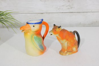 Pair Vintage Figural Creamers  Bird & Cow Pitchers  Hand Painted  4.5'