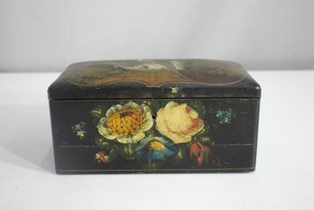 Antique Hand-Painted Wooden Keepsake Box  Floral & Bird Motif  19th Century