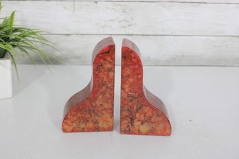 Vintage Pair Hand Carved Italian Orange Marble Bookends  6.5' Tall  Mid Century Modern