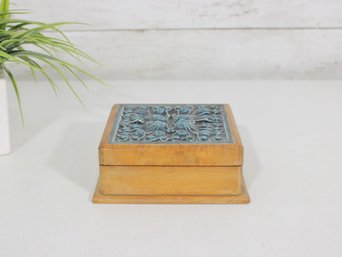 Vintage Wooden Trinket Box With Blue Ceramic Tile Lid  Decorative Storage Box  2' X 5'