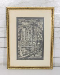 Vintage Paris Notre Dame Print  Framed Monochrome Street Scene  Imported French Watercolor  20' X 15'