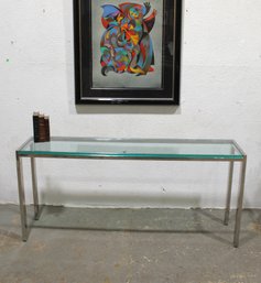 Modern Chrome And Glass Console Table  27'H X 60'W X 14'D (Minor Chip)
