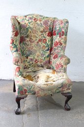 Vintage Wingback Armchair With Floral Upholstery And Claw Feet (In Need Of Restoration)