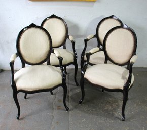 Set Of 4 Vintage French Louis XVI Style Upholstered Armchairs With Black Lacquered Frame