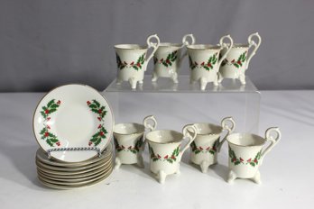 Vintage Neiman Marcus Holiday Holly Demitasse Cup & Saucer Set - 16 Pieces