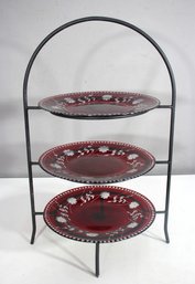 Vintage Three-Tier Plate Stand With Hand-Painted Ruby Red Glass Plates  Elegant Display