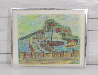 Vintage Signed Harbor Drawing  Marthas Vineyard Scene  Colored Pencil/Pastel  Framed 16.5' X 20'