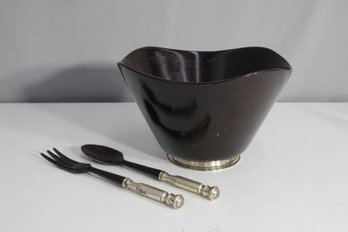 Salad Bowl With Silver Accent And Serving Utensils