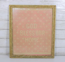 Vintage Crochet  God Bless Our Home  Framed Folk Art Wall Hanging  19' X 16.5'
