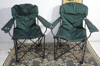 Set Of 2 Green Folding Camping Chairs With Armrests And Cup Holders