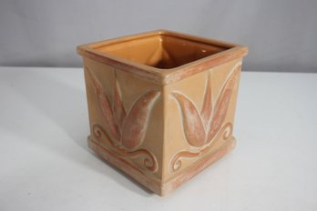 Vintage Square Ceramic Planter  Embossed Leaf Design  6.5H X 6W