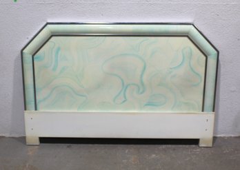 Vintage 1980s Full Size Headboard With Chrome Frame And Abstract Aqua Design  42.5'H