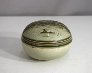 Antique Hand-Painted Lidded Ceramic Box   Southeast Asian Village Scene  3.5H