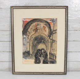 Signed C. Schoonover Watercolor Painting  Architectural Archway Scene  Framed 21' X 17'