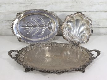 Group Of Silver-Plated Serving Trays  Ornate & Shell Motif Designs