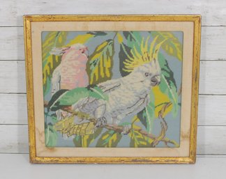 Vintage Cockatoo Needlepoint  Framed Tropical Parrot Textile Art  15' X 16.5'