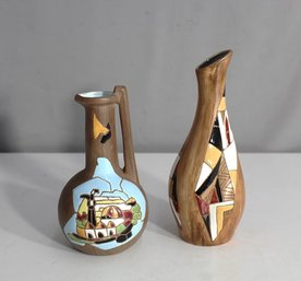 Pair Of Handcrafted Decorative Vases With Geometric And Scenic Designs