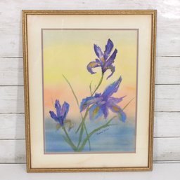 Signed Bobbie Sloan Watercolor Painting  Purple Iris Flowers  Framed 19' X 15'