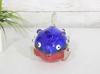 Hand Blown Glass Puffer Fish Figurine  Red & Blue Art Glass Ocean Decor  5' X 6'