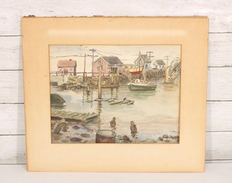 Vintage Coastal Harbor Watercolor Painting  Fishing Boats & Dock Scene  Signed  15.5' X 18'
