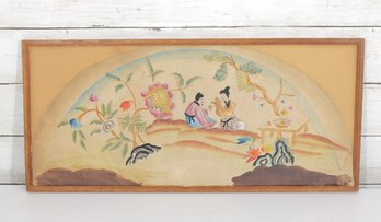Vintage Asian-Style Scenic Painting  Hand-Painted Figures & Floral Landscape  Framed Wall Art  9.5H X 21W