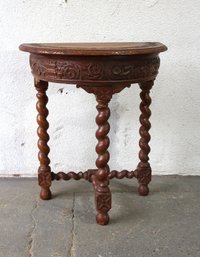 Antique Hand-Carved Half-Moon Side Table With Barley Twist Legs