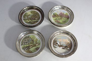 Vintage Set Of Four Norman Rockwell-Inspired Decorative Plates With Silver-Tone Rims