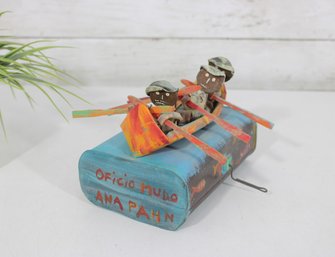 Folk Art Hand Painted Fishing Boat Sculpture  Signed Oficio Mudo Ana Pahn  7'