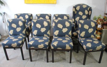 Set Of 8 Upholstered Dining Chairs With Blue And Gold Leaf Pattern  Includes One High-Back Armchair