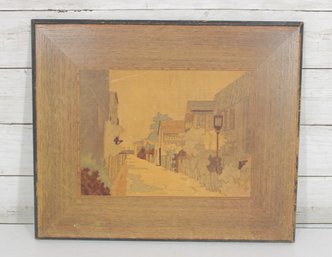 Vintage Cape Cod Scene Wood Inlay Picture  Marquetry Style Wall Art  13.5' X 16'